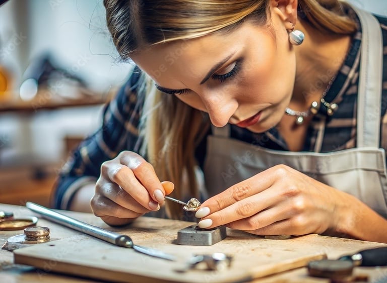 a woman in workwear carefully crafting a handmade piece of jewellery