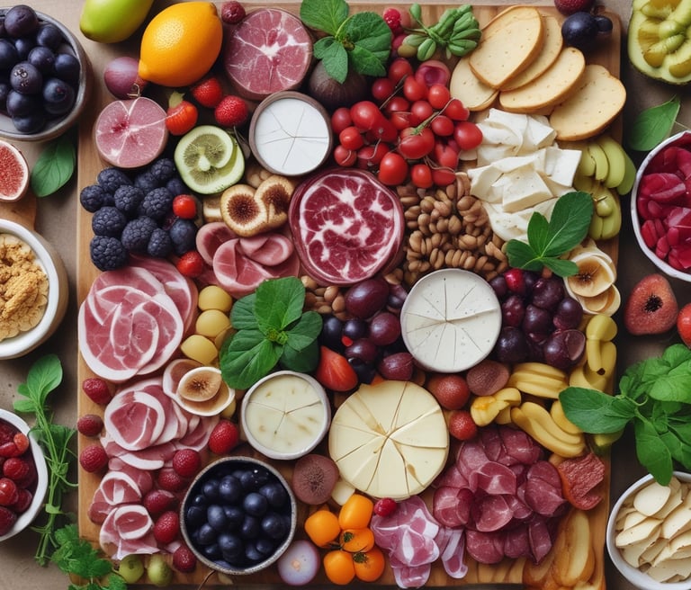 A table is set with a tray of charcuterie including meats, pickles, and garnishes, surrounded by potted lavender plants in purple pots. There is also a basket of sliced bread. The setting appears casual and outdoors, suggesting a relaxed dining experience.
