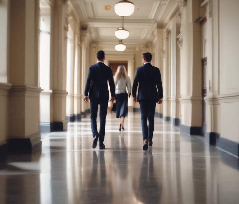 Professional lawyers discussing case documents in a modern office with dark green and gold accents.