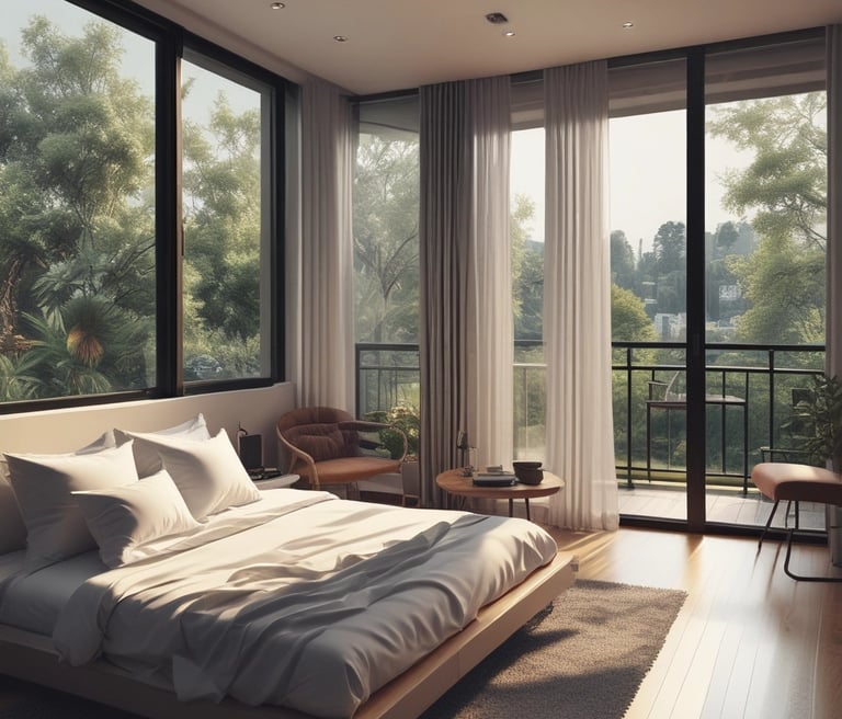 A bright, spotless living room with sunlight streaming through large windows, showcasing a freshly cleaned home.