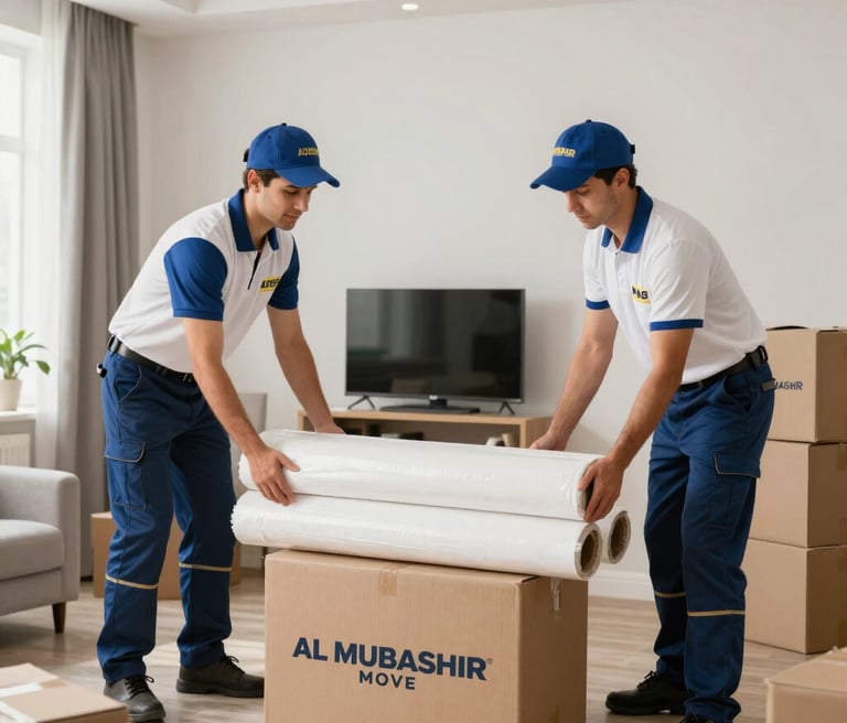 Professional movers loading padded furniture into a clean moving truck outside a modern residential building in Middle Eastern / Gulf (Abu Dhabi, UAE).