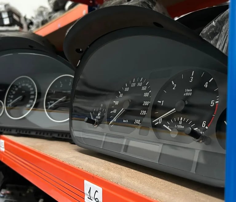 Cuadro de instrumentos enfocado con uno similar al fondo con panorama del Almacen de Clairicar 