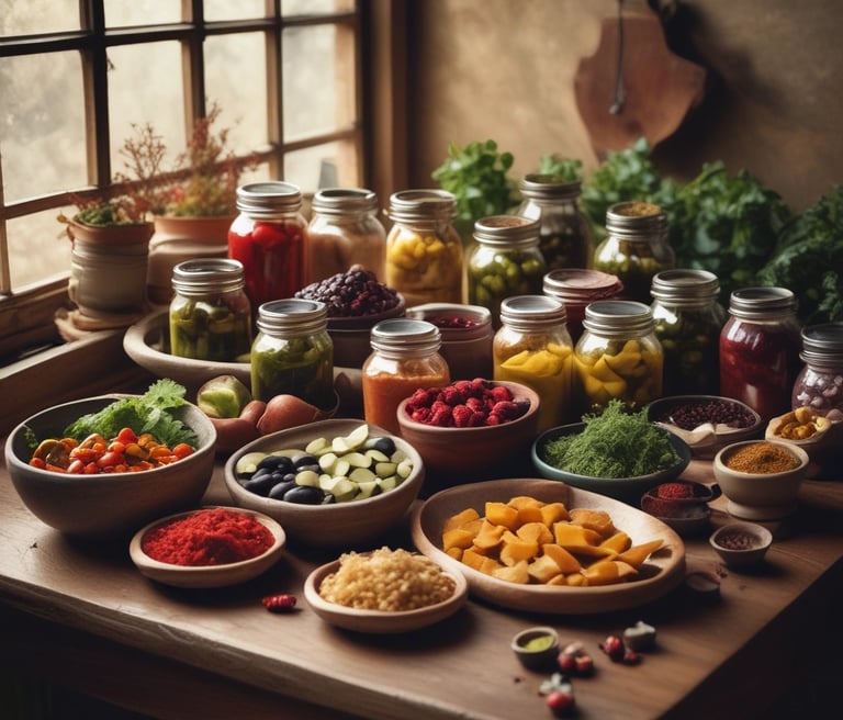 A rustic kitchen table with jars of colorful pickles and chutneys surrounded by fresh Konkan spices and ingredients.