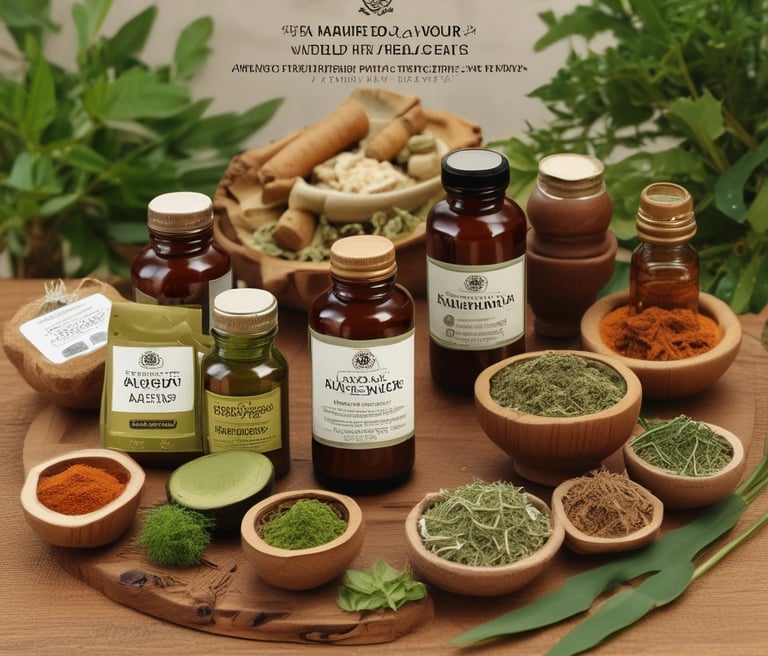 A serene herbal garden reflecting natural healing, with ancient Ayurvedic plants.