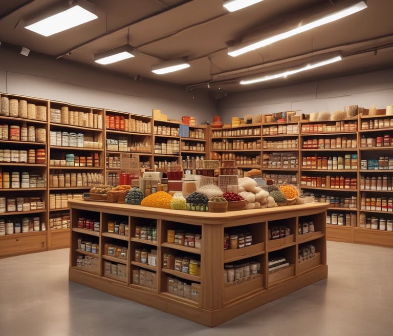 Photo of d p mewawala & co's bustling shop at APMC Masala Market, showcasing neatly arranged sacks of grains and spices.