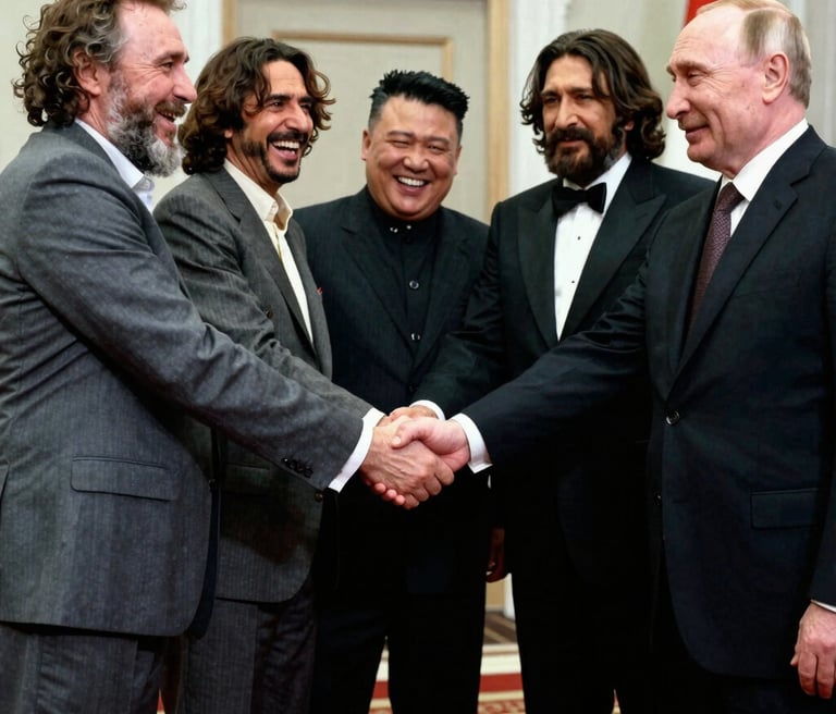 A dramatic display of vintage military jackets and accessories on mannequins under warm lighting.