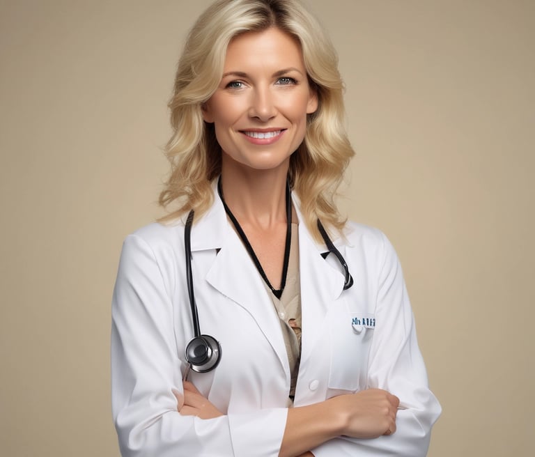 Portrait of Dr. Isabelle Sharmiashvili in her elegant medical office, smiling confidently.