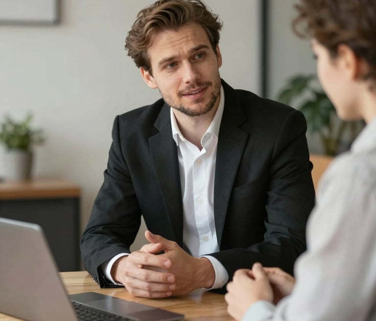 A compassionate consultant speaking with a relieved client in a cozy office setting.