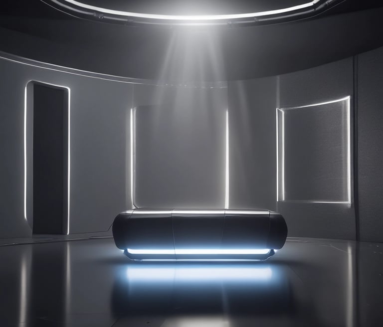 A sleek, futuristic device glowing softly against a dark, minimalist background.