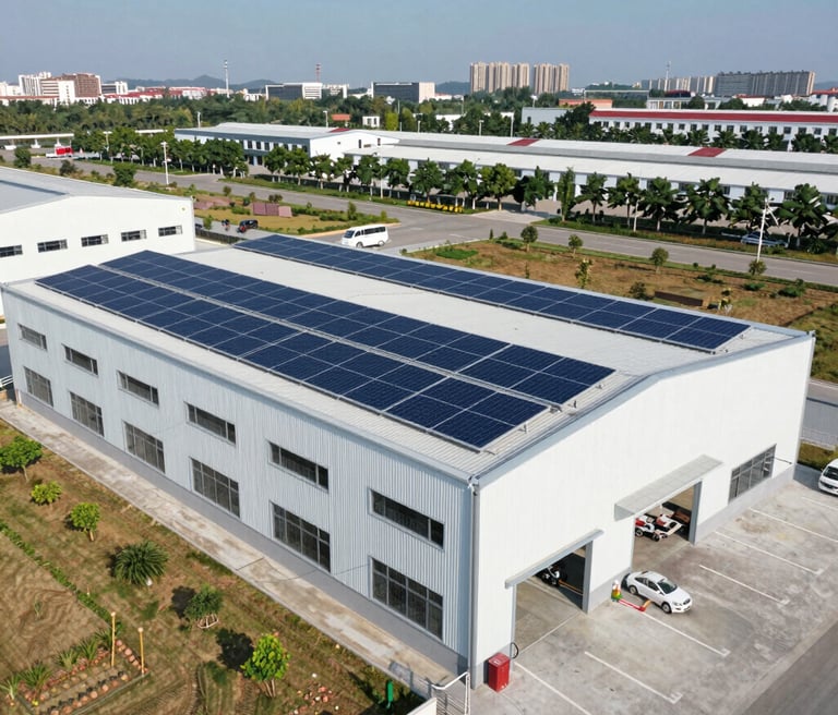 A sleek modern industrial facility with solar panels and wind turbines in the background under a clear blue sky.
