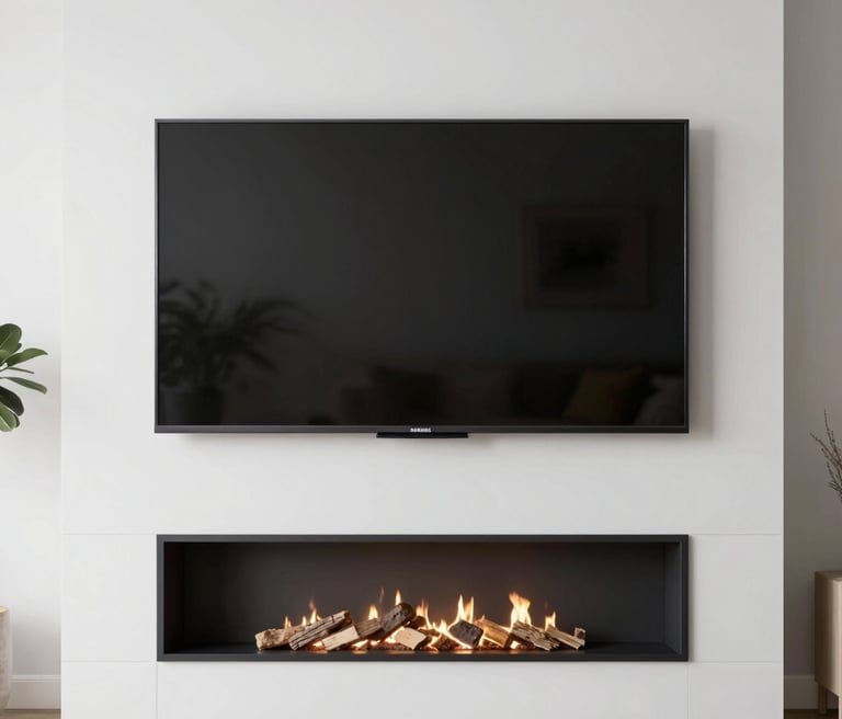 A technician carefully mounting a flat-screen TV on a living room wall with neat cable management.