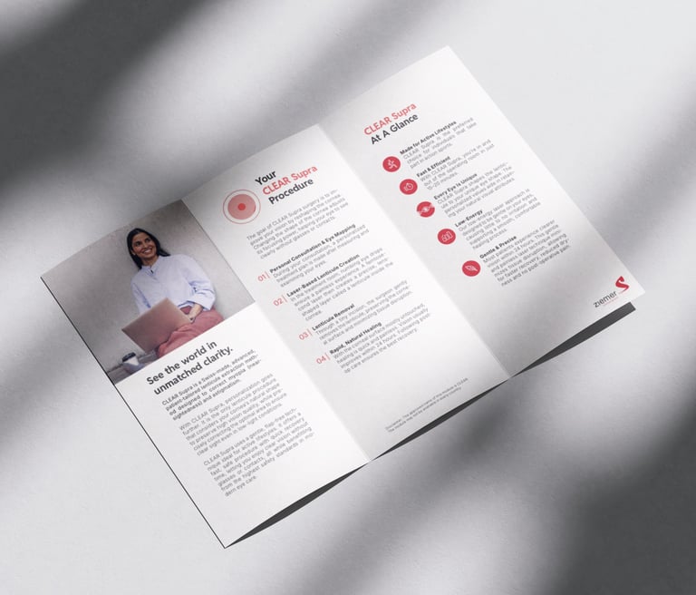 Innenseite des CLEAR Supra Flyers mit Informationen zur Behandlung und Ablauf.