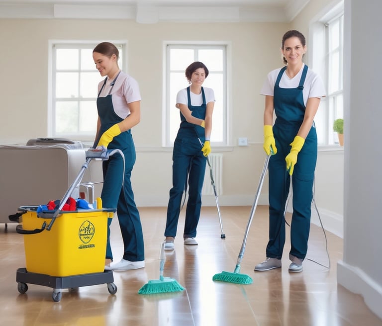 A friendly cleaner in uniform carefully wiping a spotless office desk with sunlight streaming through the window.