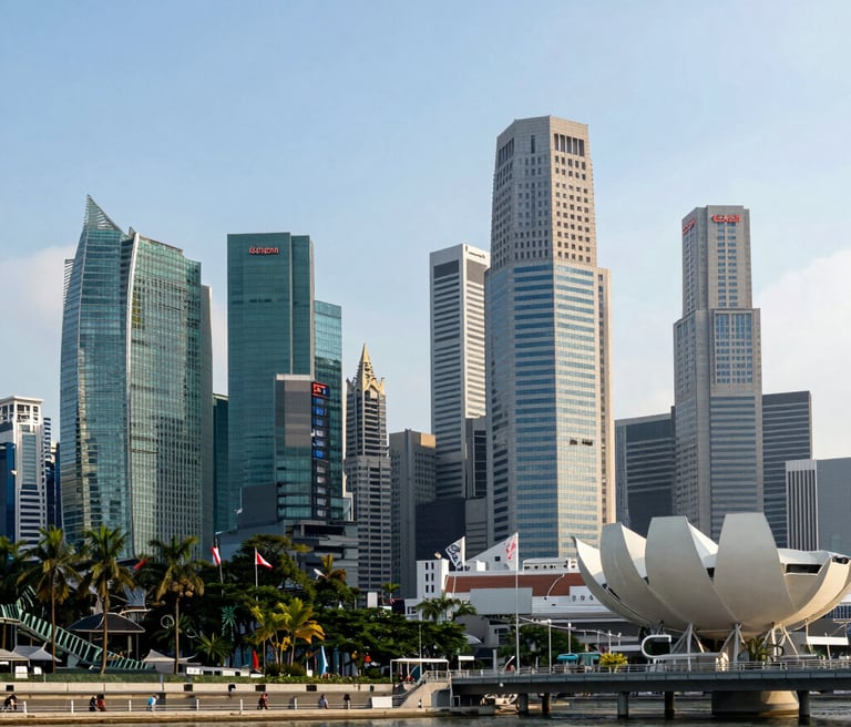 A confident professional discussing financial strategies with a small business owner in a modern Singapore office.