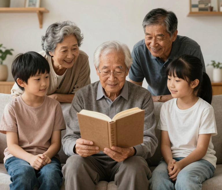 A warm scene of an elderly person sharing stories with a friendly editor in a cozy home setting.