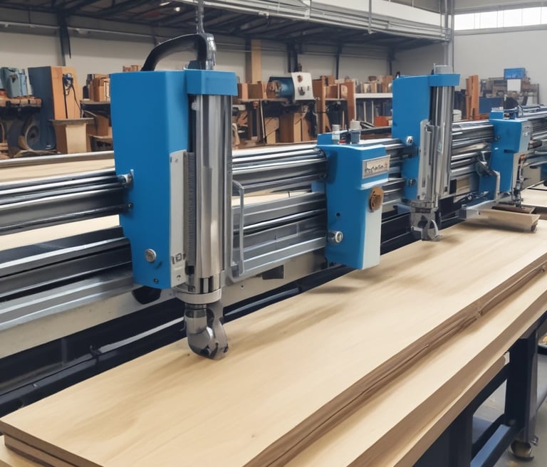 Stacked plywood sheets and timber lumber inside a large industrial woodworking warehouse.