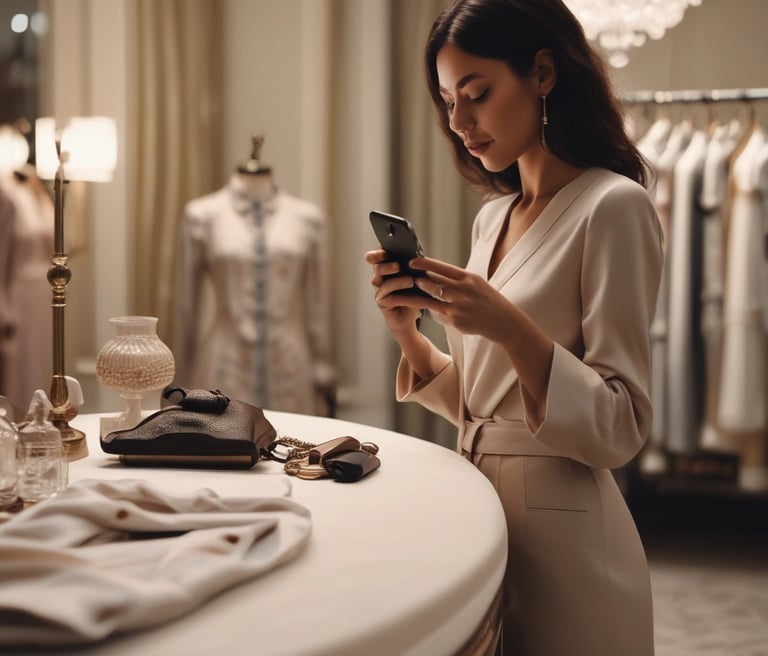 A serene off-white and cream elegant workspace with navy and emerald accents, showcasing a curated selection of luxury items.