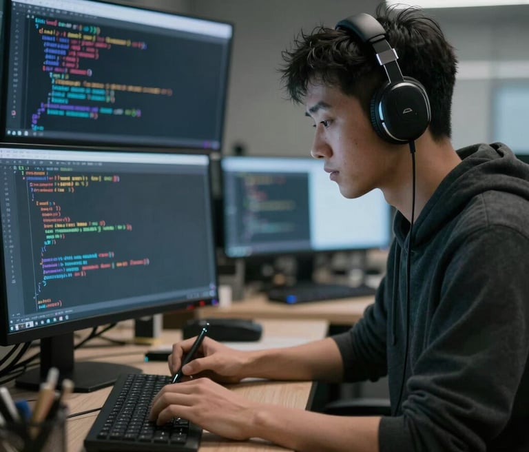 A diverse team of developers collaborating over laptops in a bright, modern office space.