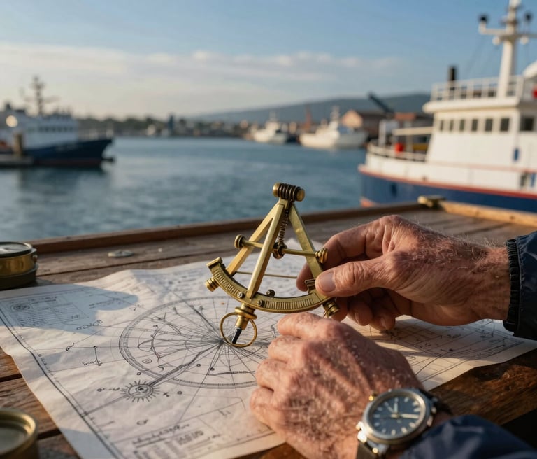 Elegant maritime office with classic navy and gold decor reflecting professionalism and tradition.