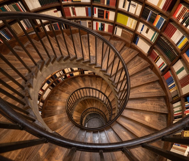 A wooden spiral staircase winds down through a library with circular built-in bookshelves.