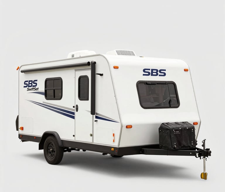 A sleek, modern Coleman-style travel trailer painted in safety orange and dark teal, parked at a busy disaster response site with first responders nearby.