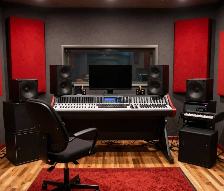 A vibrant recording studio with musicians collaborating passionately on new tracks.
