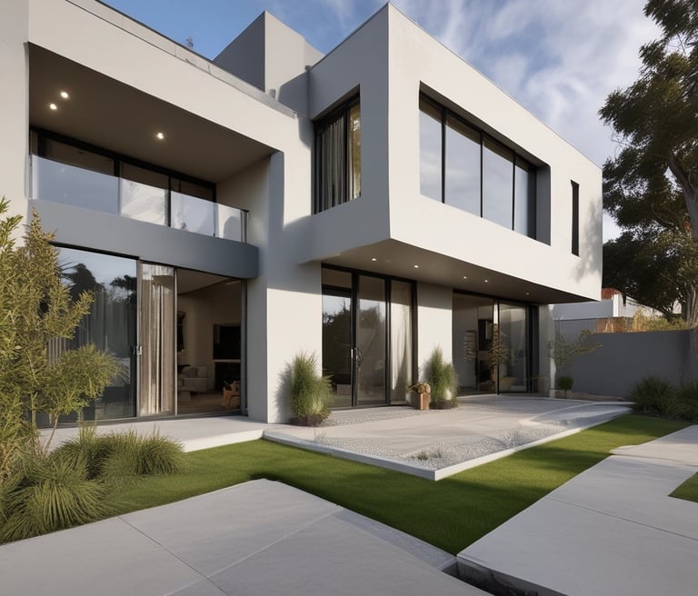 A sleek modern Melbourne home under construction, showcasing clean lines and quality craftsmanship on a sunny day.