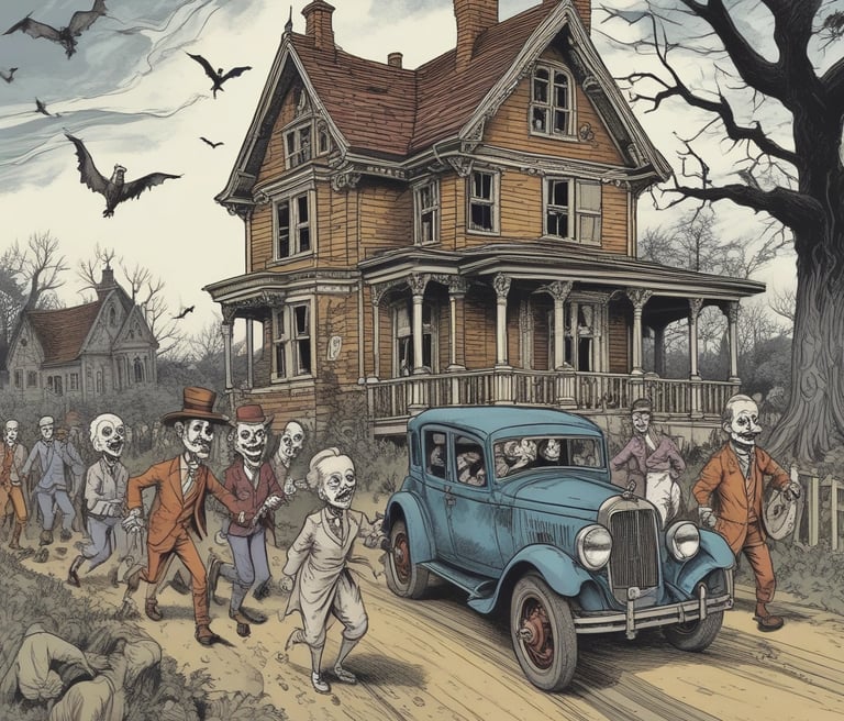 A shadowy, fog-filled stage with eerie silhouettes of actors in gothic costumes under dim, flickering lights.