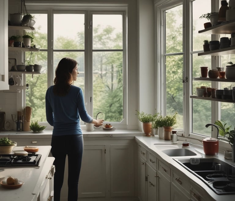 A warm, sunlit kitchen where a mom lovingly prepares a healthy meal, surrounded by travel souvenirs and cozy home decor.