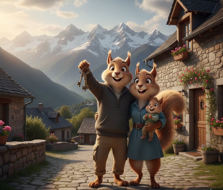 a couple of squirrels are standing in front of a house