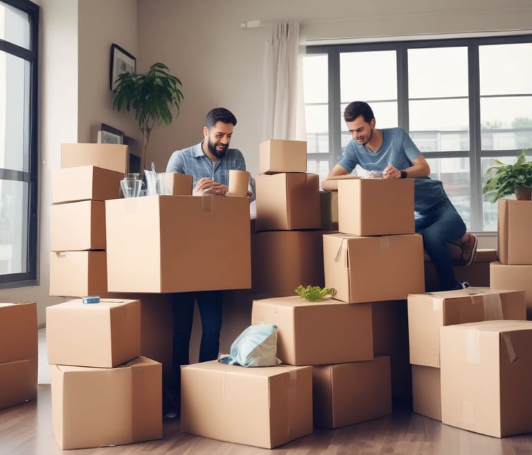 A friendly team of movers carefully packing household items into boxes in a bright, organized workspace.