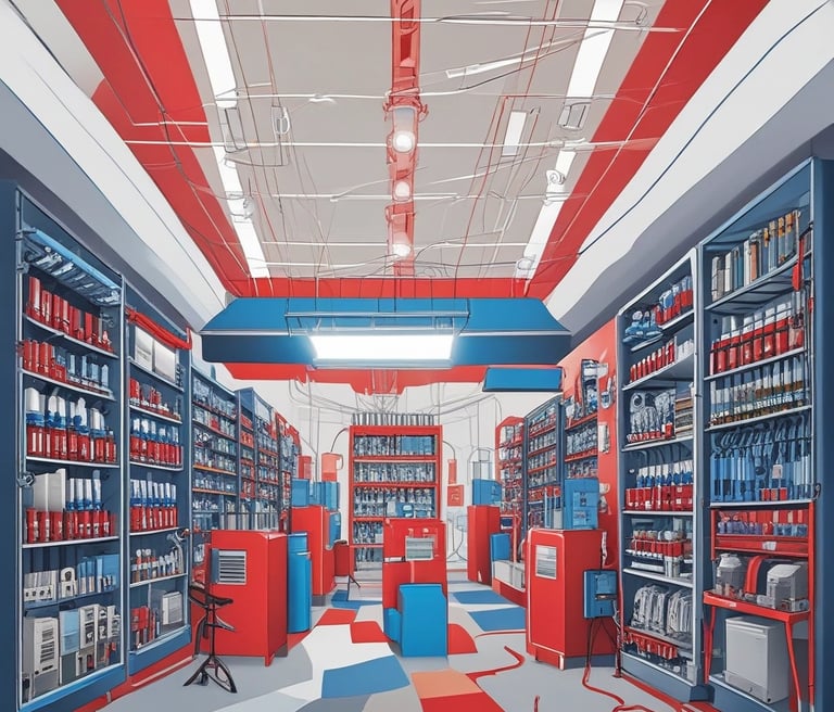 A friendly store employee assisting a customer with electrical supplies in a well-organized shop.