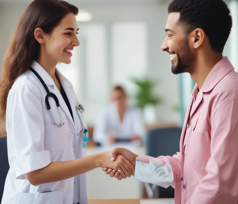 A warm, welcoming healthcare recruiter shaking hands with a smiling nurse in a bright medical office.