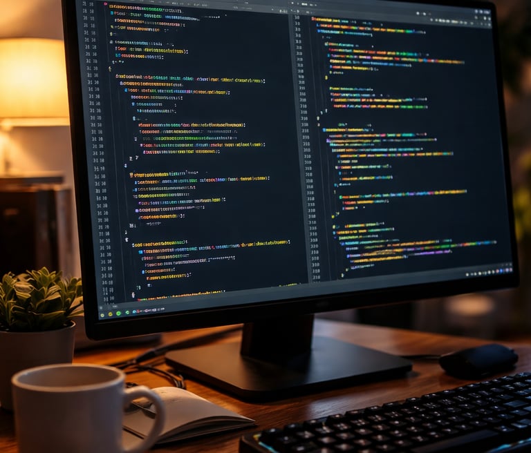 Computer monitor displaying programming code on a desk with a keyboard, coffee mug, and notebook.