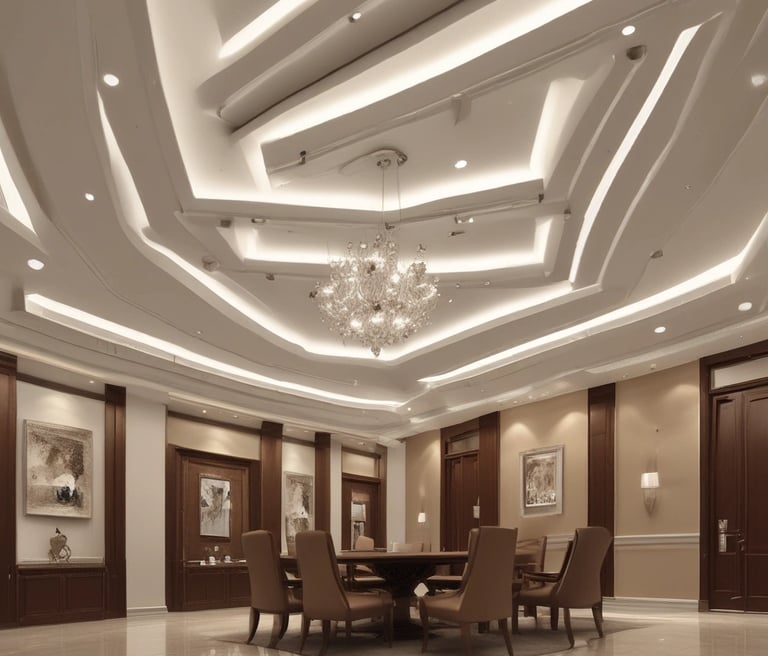 A cozy living room featuring a stylish false ceiling, wooden flooring, and a custom TV unit that blends modern design with comfort.