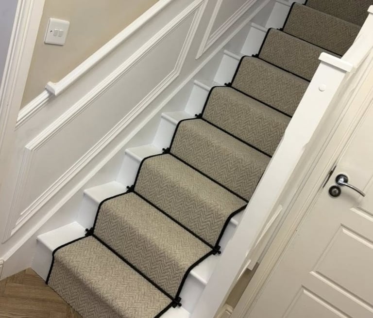 Blackpool carpet fitted on a white staircase