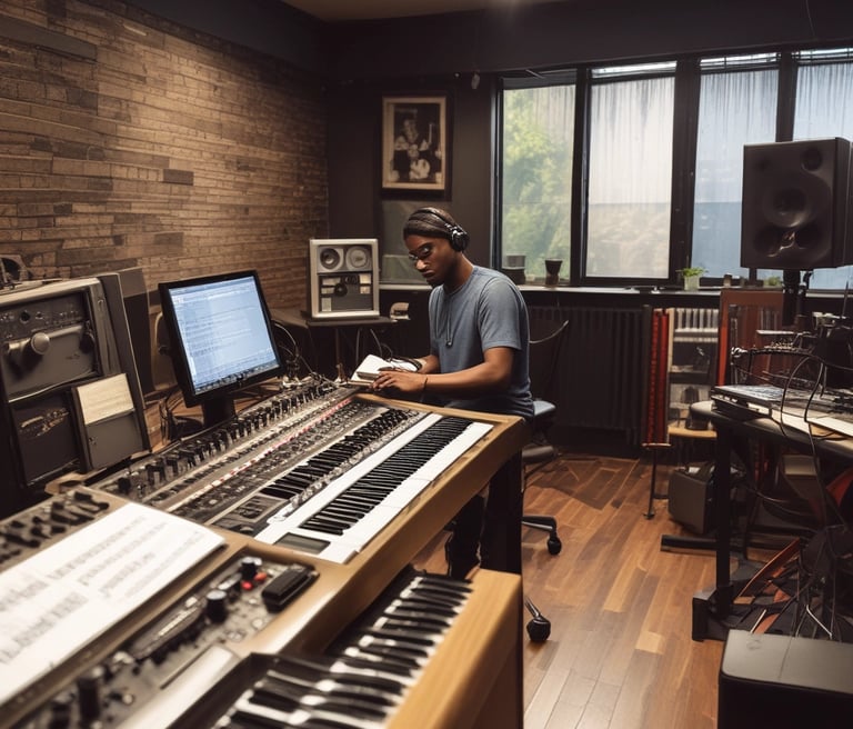 A cozy home studio with a guitar, keyboard, and microphone bathed in warm light.