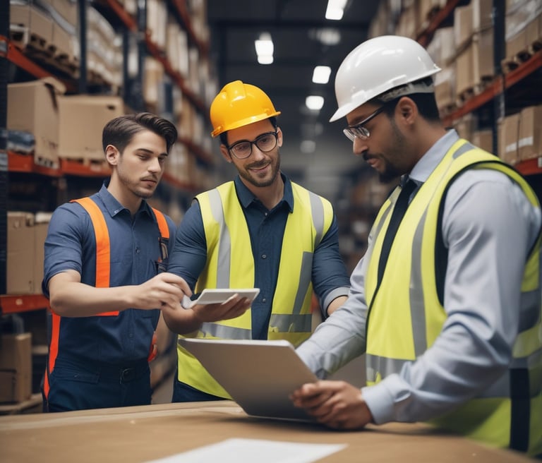 A diverse group of employees engaged in interactive AI-driven training on tablets in a modern workspace.