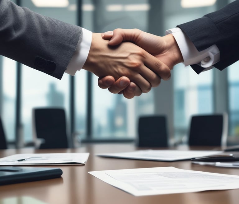 two people shaking hands in a meeting room
