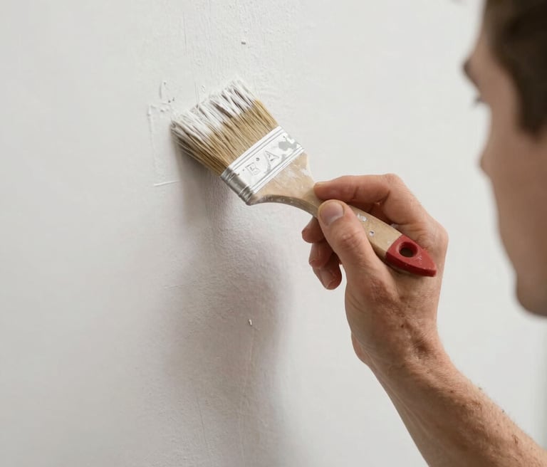 A smiling painter carefully applying a vibrant blue coat to a modern home's exterior wall on a sunny day.
