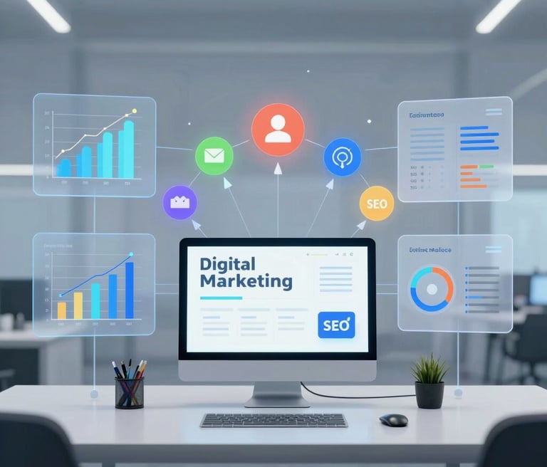 A team collaborating over digital marketing plans in a modern office with blue accent lighting.