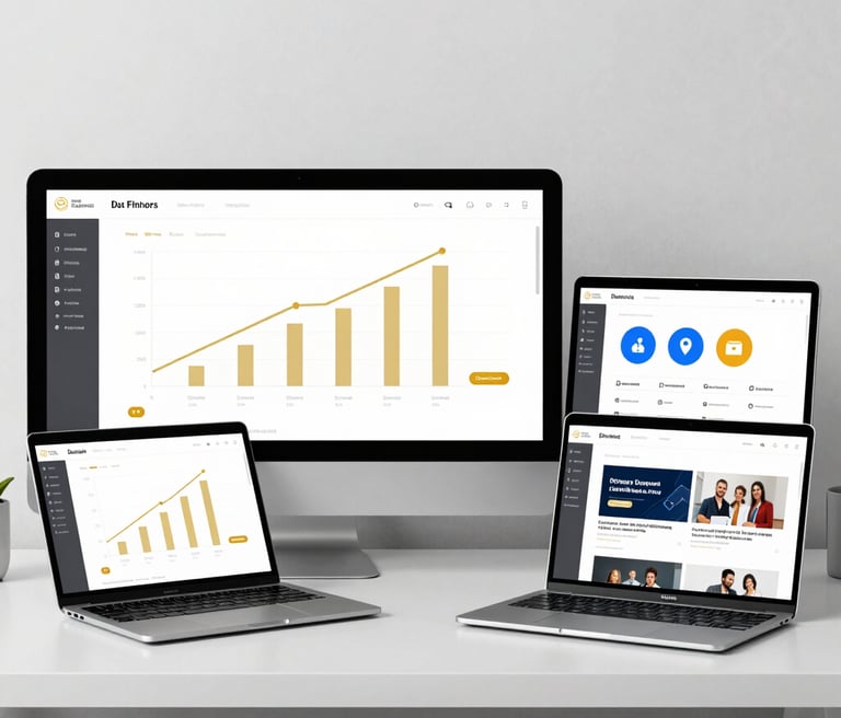 A team collaborating over digital marketing plans in a modern office with blue accent lighting.