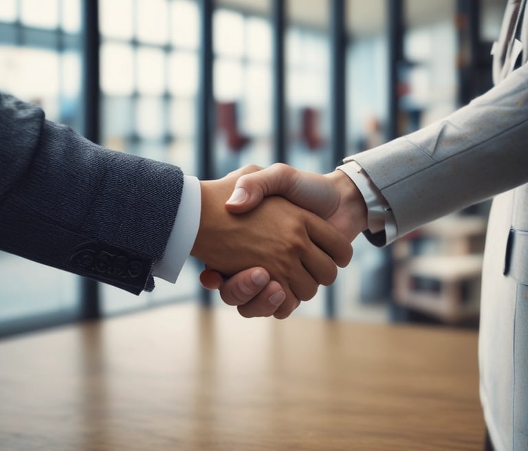 Handshake between two travel professionals against a backdrop of local landmarks and hotel buildings.