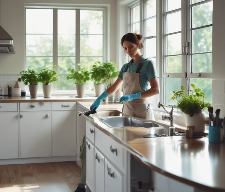 A friendly EcoSpark cleaner wearing green gloves, holding eco-friendly cleaning supplies with a sparkling clean home background.
