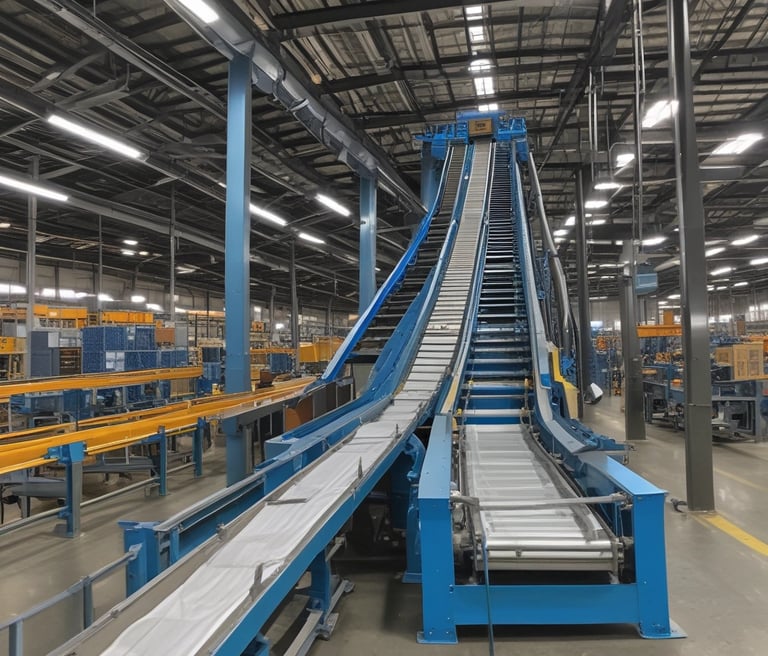 Technician inspecting a complex conveyor system in an industrial setting.