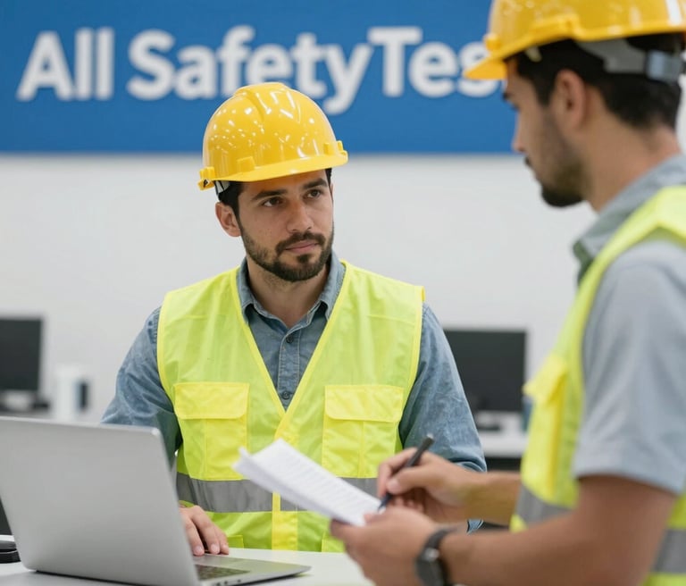 A technician carefully inspecting safety equipment in a bright, organized industrial setting.