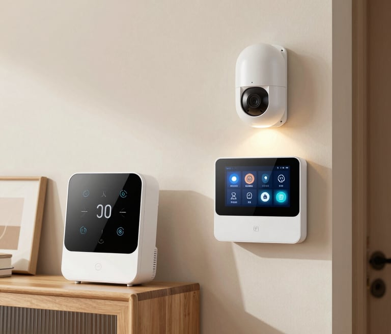 A skilled construction team installing smart home technology in a bright, modern living room.