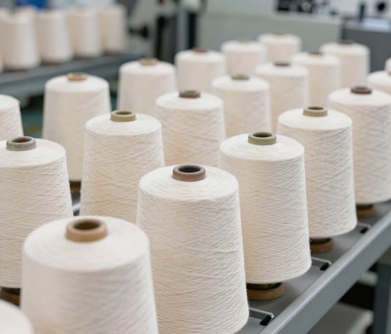 Close-up of premium golden fancy yarn spools arranged neatly on a sleek black background.