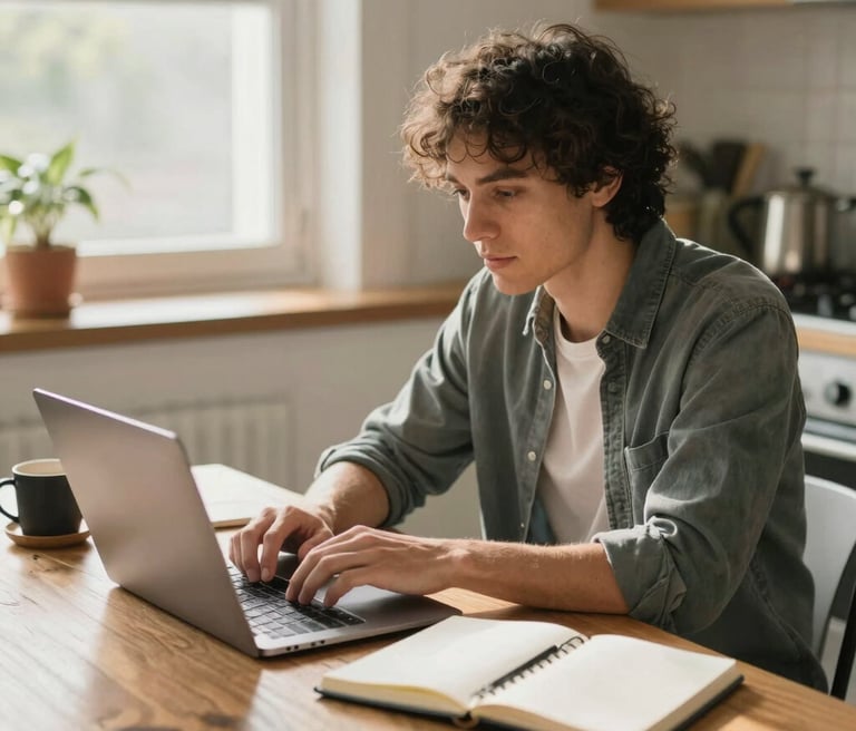 A calm workspace with a laptop, notebook, and a cup of coffee, symbolizing focused planning and clarity.