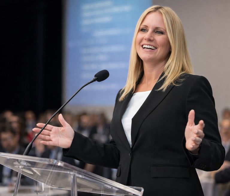 A blonde female professional in a black blazer speaking at a podium during a conference event.
